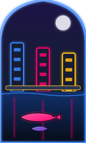 Neon illustration of the night marina with lit towers, a pontoon and a pink bass swimming in dark water