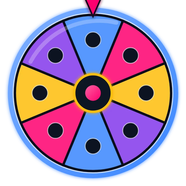 A round neon wheel split into eight glowing sectors in electric blue, pink, amber and violet